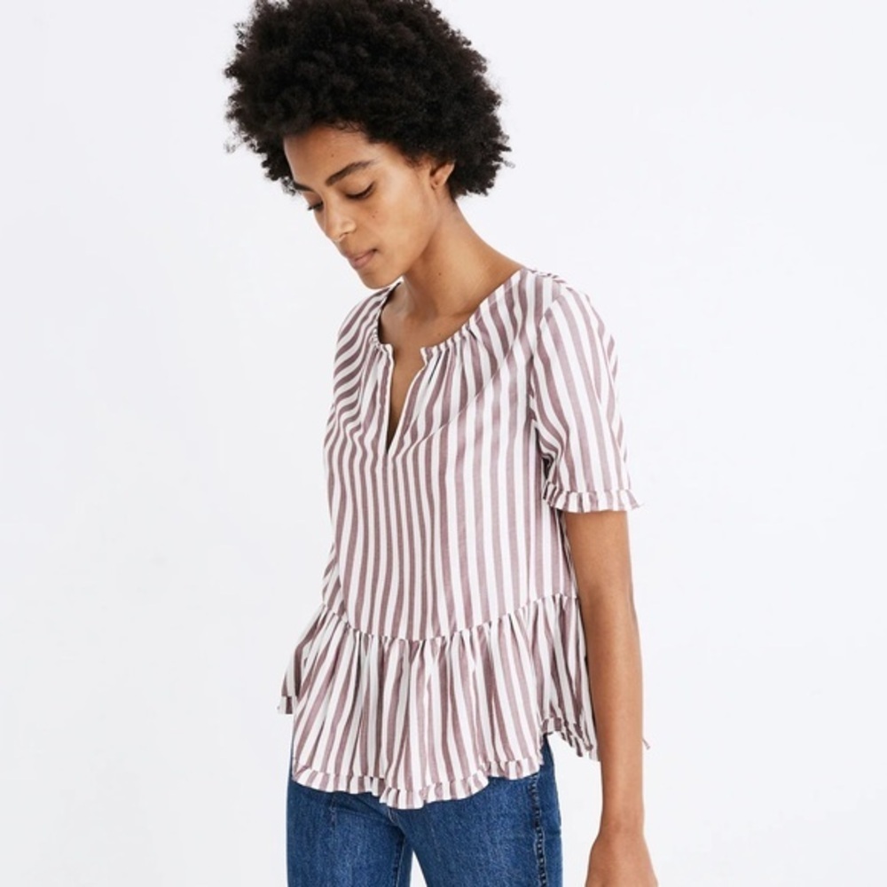 Madewell Stanza Ruffle-Hem Top in Stripe Red and White EXCELLENT CONDITION